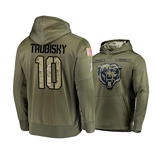 Men's Chicago Bears #10 Mitchell Trubisky 2019 Olive Salute To Service Sideline Therma Performance Pullover Hoodie